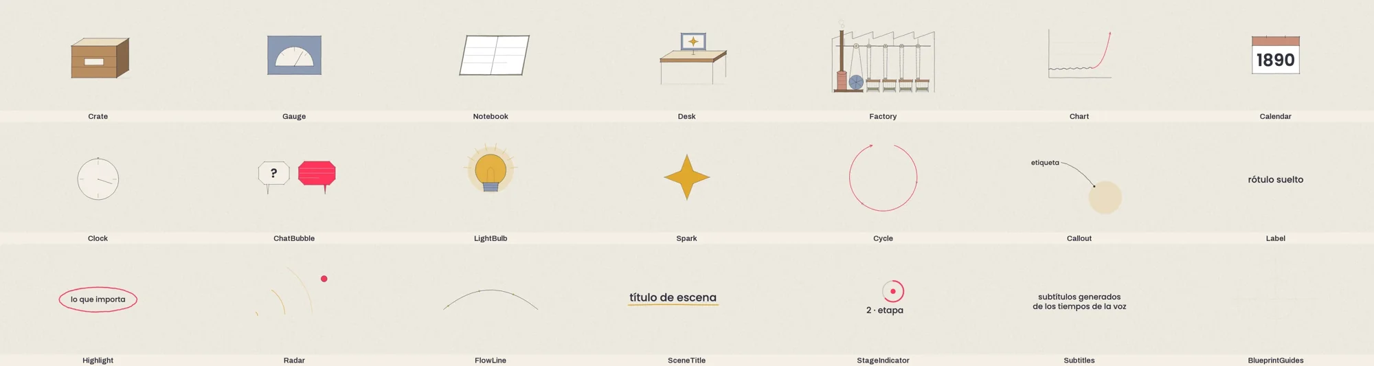 Catálogo de objetos dibujados a mano alzada sobre fondo de papel: caja, medidor, cuaderno, escritorio, fábrica, gráfica, calendario, reloj, globos de chat, bombillo, chispa y elementos de escena como títulos y subtítulos