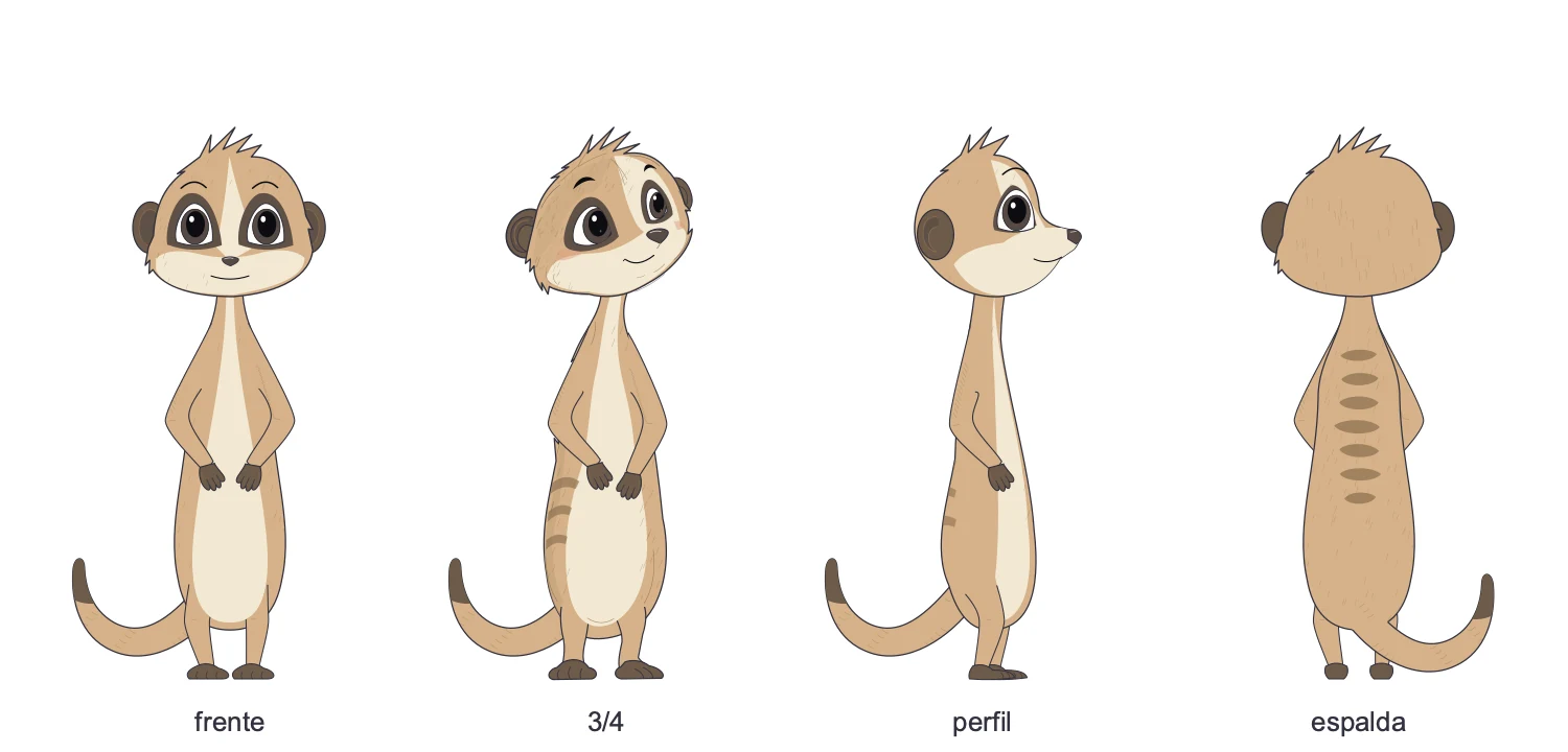Suri de frente, en tres cuartos, de perfil y de espalda, con las mismas proporciones y colores en las cuatro vistas