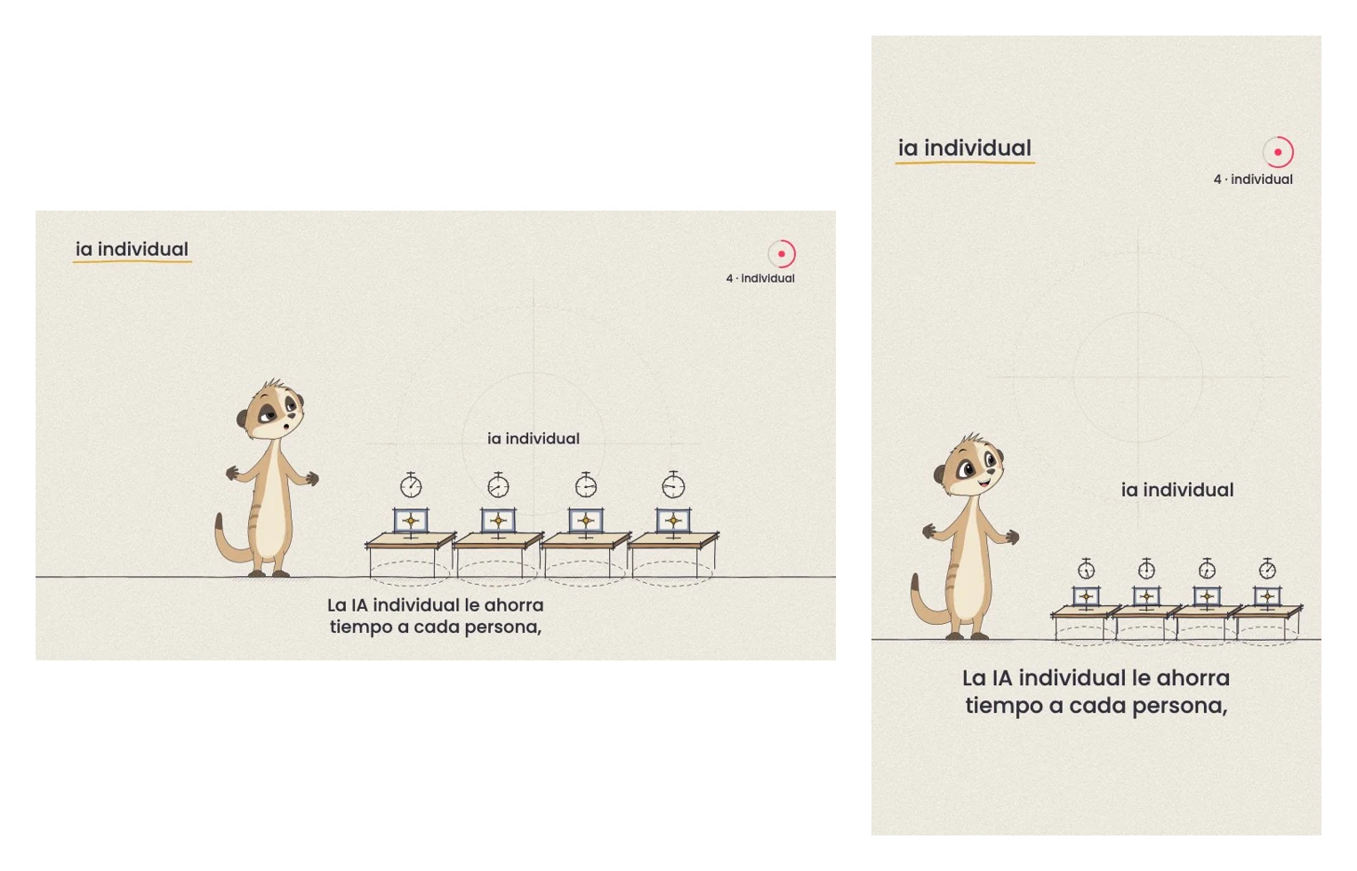 El mismo momento de un explainer en formato horizontal y en formato vertical: Suri junto a cuatro escritorios con cronómetros y el subtítulo "La IA individual le ahorra tiempo a cada persona"